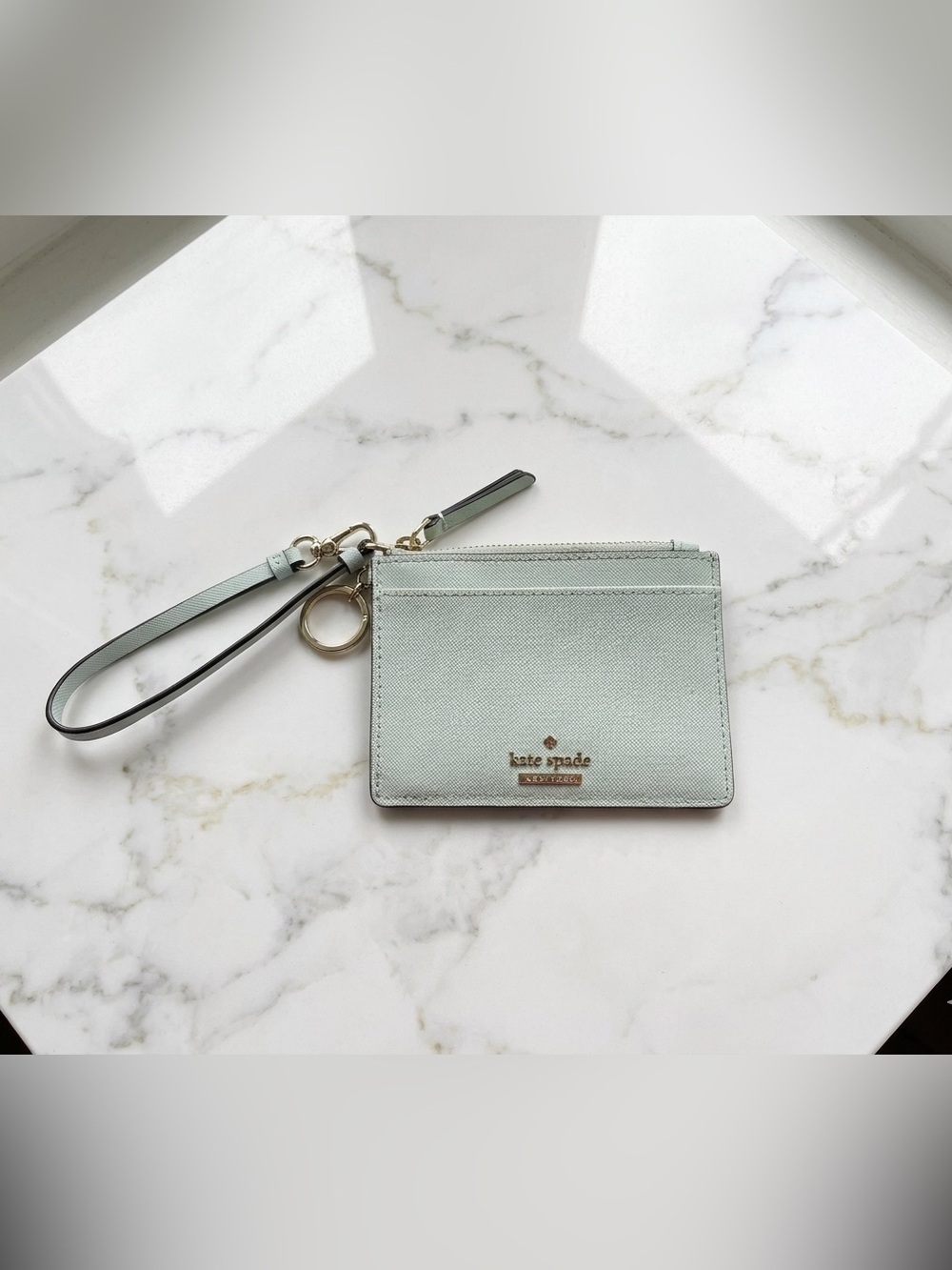 kate spade pale mint leather wristlet cardholder with key ring